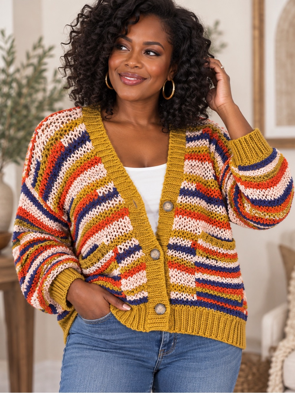 ZARA Chunky Crop Knit Multicolor Cardigan L/XL Button Front Statement
Sweater